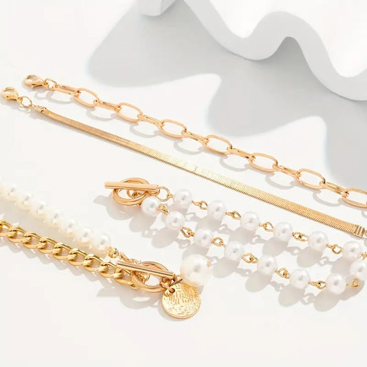 Chic Gouden 4-Piece Armband Set - Slangen, Parel & Schakels | Goud