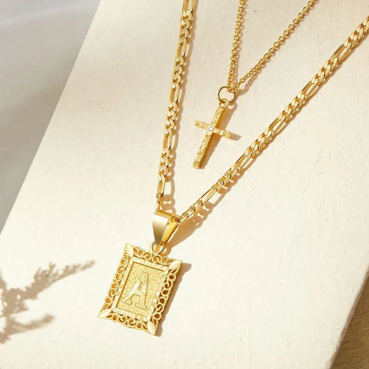 Kruis Initiaal Ketting Set | Goud