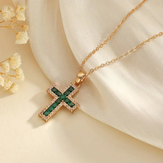 Solene Smaragden Kruis Hanger Ketting | Goud