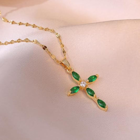 Gouden Smaragden Marquise Kruis Ketting