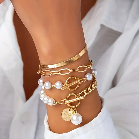 Chic Gouden 4-Piece Armband Set - Slangen, Parel & Schakels | Goud