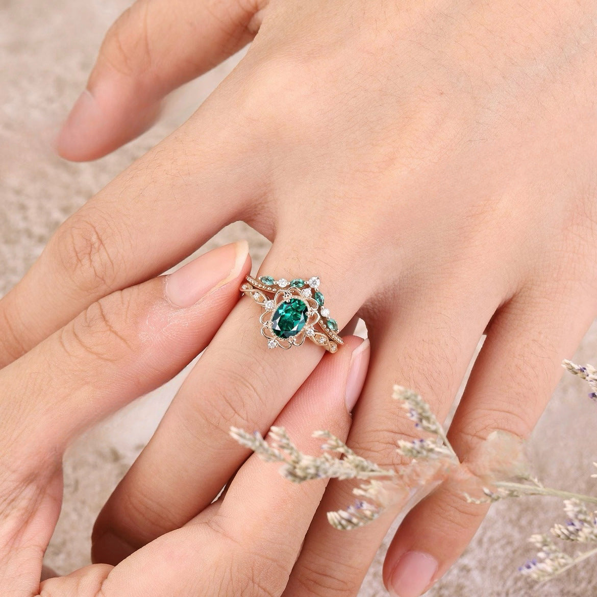 Aurelle Smaragden Kroonring Set | Rosé Goud