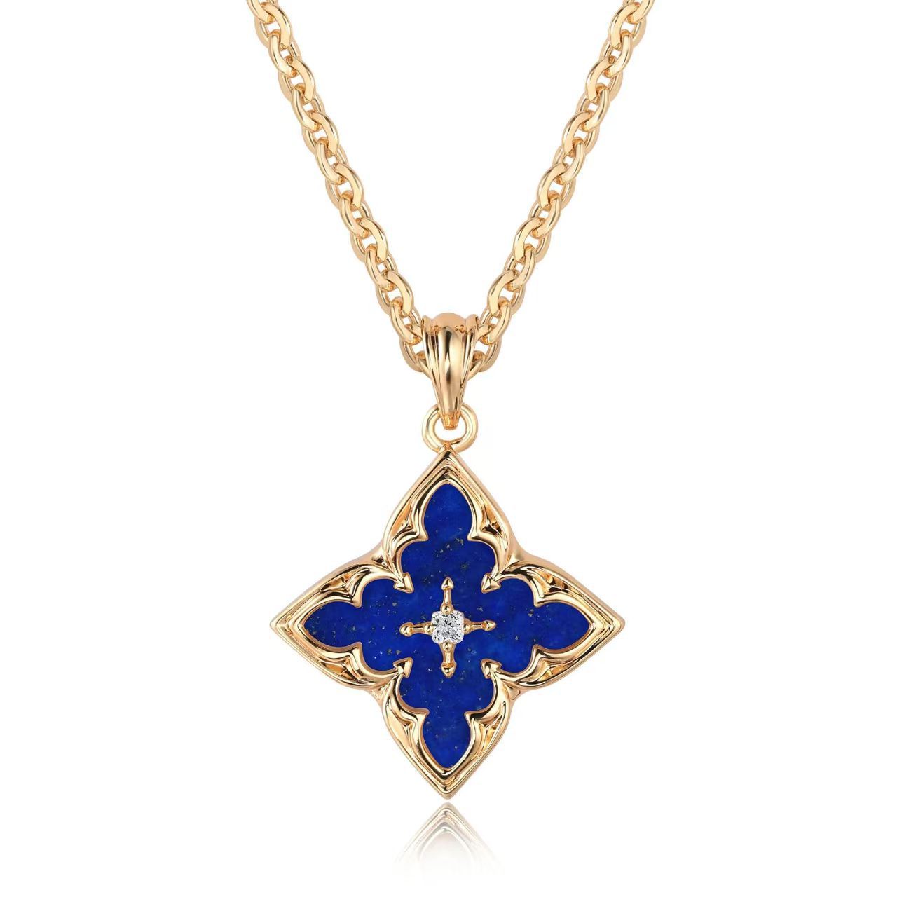 Blauwe Clover Hanger Ketting | Goud
