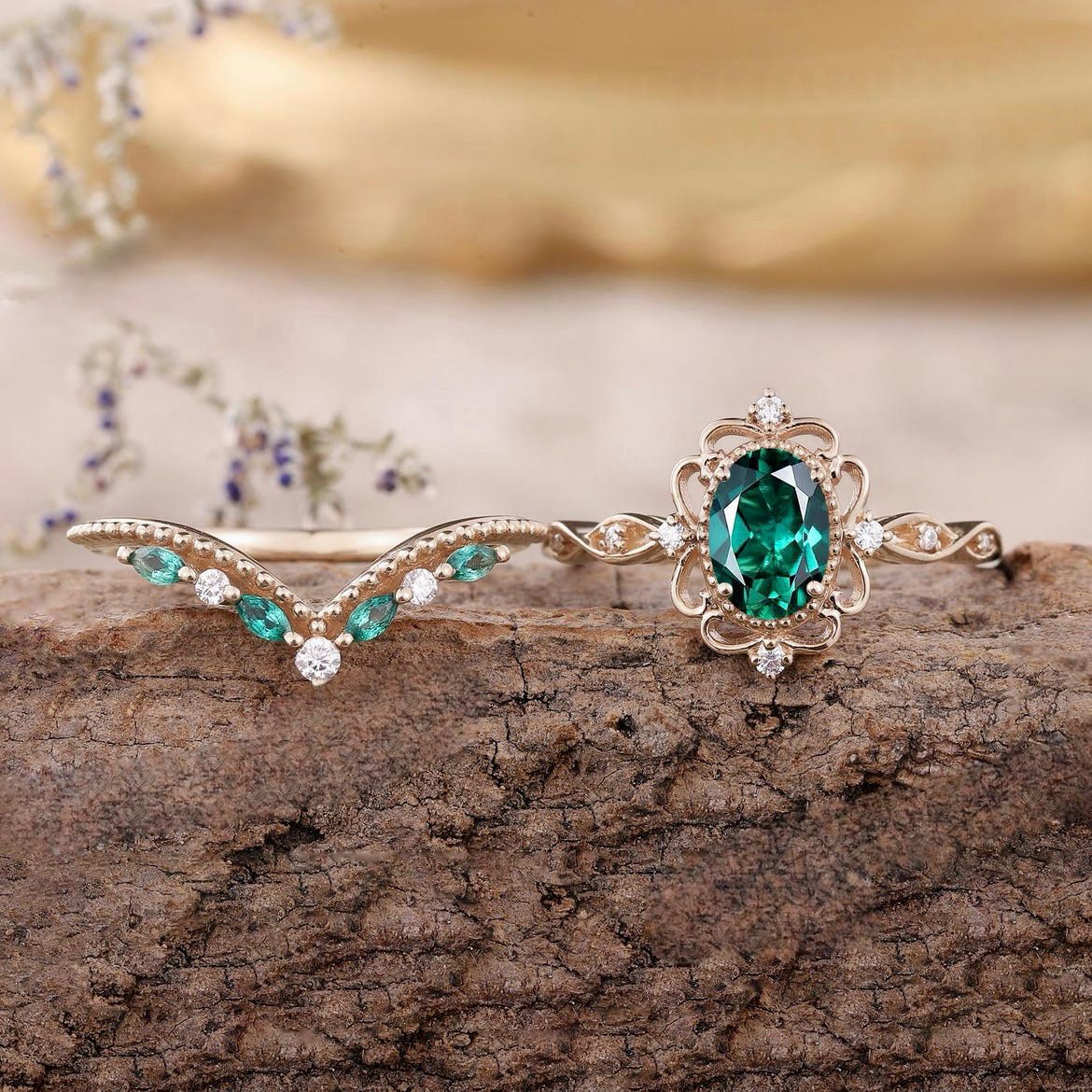 Aurelle Smaragden Kroonring Set | Rosé Goud