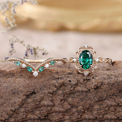 Aurelle Smaragden Kroonring Set | Rosé Goud